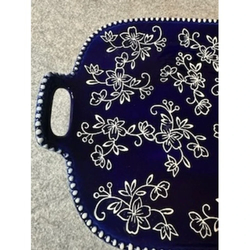 Temp-tations Cobalt Blue Floral Ceramic Serving Tray Rectangular Platter Handles